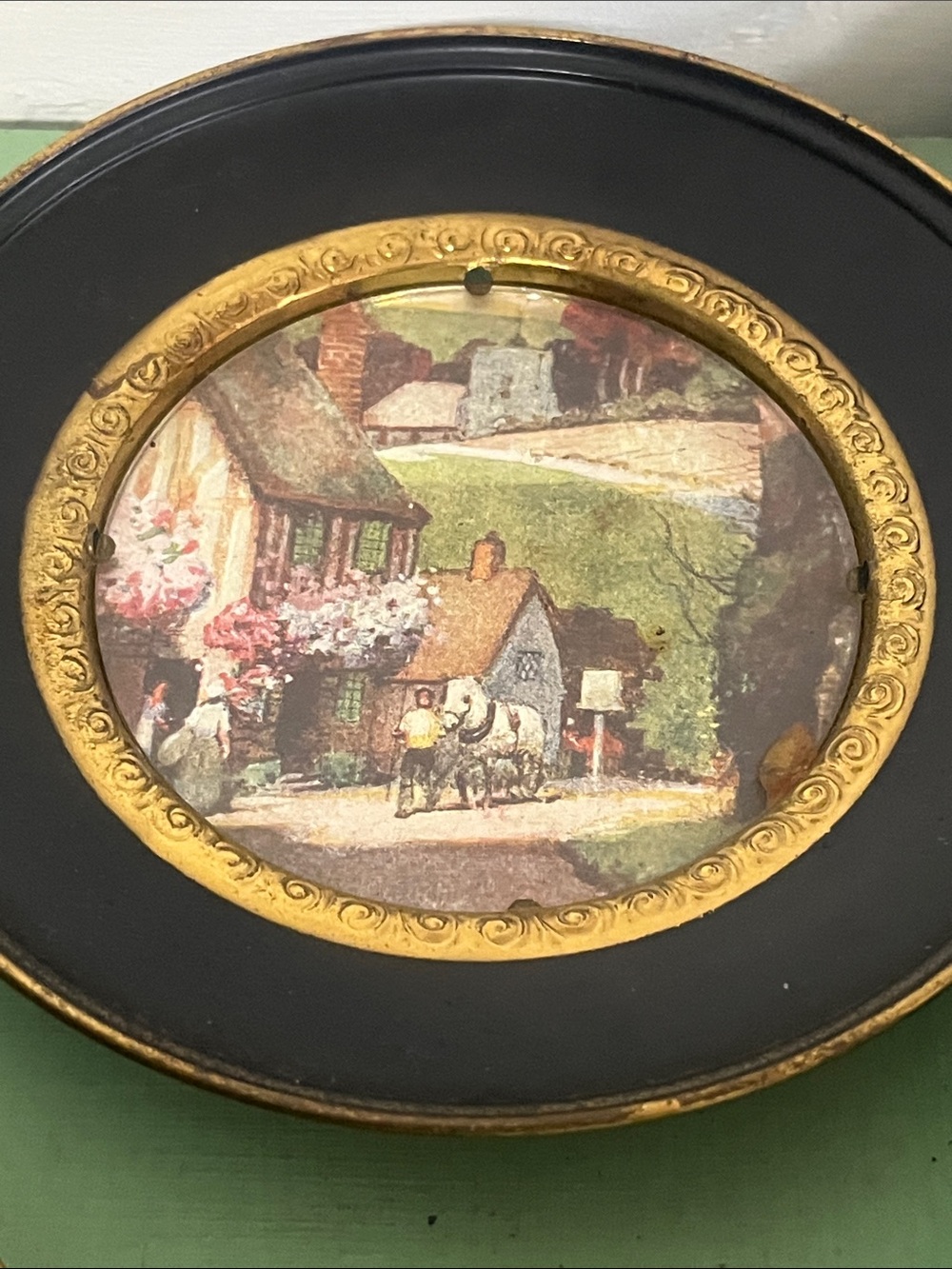 Brass Gold tone Miniature Landscape Scenic Wall Plate Paintings w/ Foil England - Picture 6 of 10
